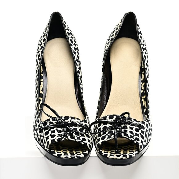 Coach Corey Monogram Black and White Logo Print Peep Toe Pumps - Picture 4 of 7